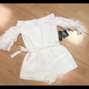 Lulus White Off The Shoulder Flounce Sleeve Romper